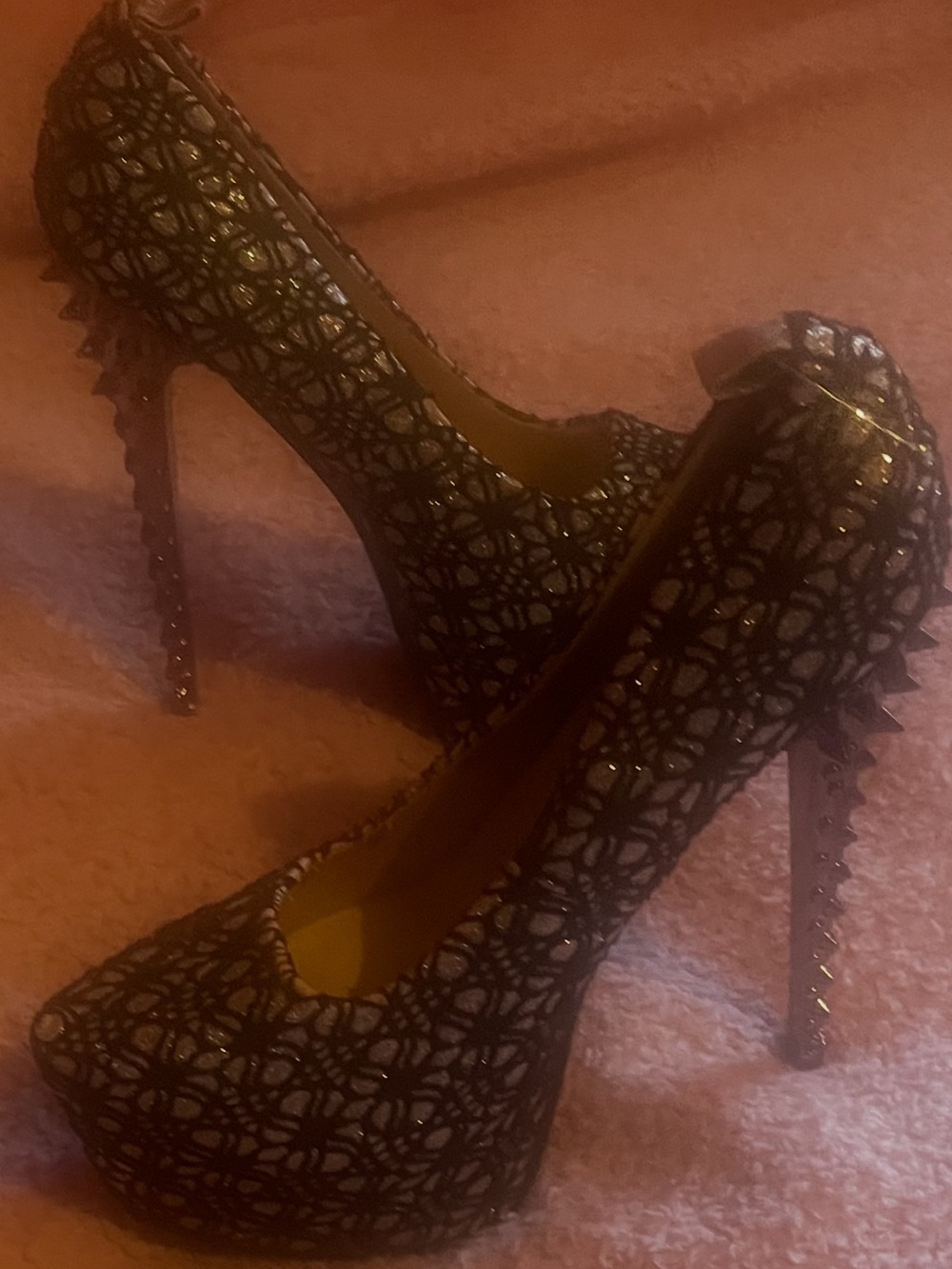 Black Lace-Pattern Platform Stiletto Pumps with Studded Heel